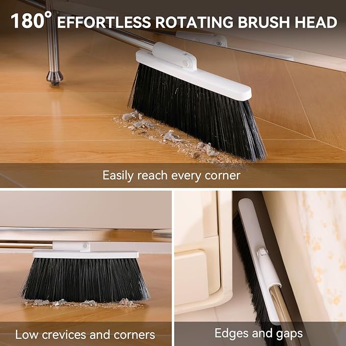 MOPALL Broom with Dustpan Combo Set with 53" Extra Long Handle, Self-Cleaning Dustpan Teeth for Dog Cat Hair, 180° Swivel Brooms Head, Upright Standing for Sweeping Indoor, Includes 2 Broom Heads