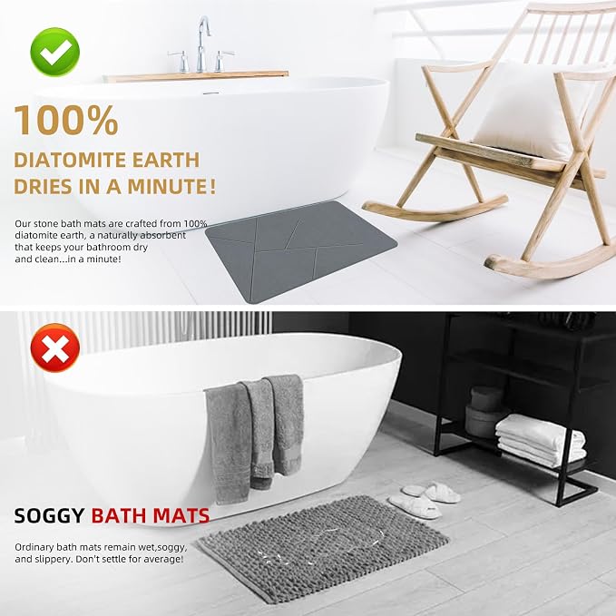 Extra Large Stone Bath Mat, 30'' x 17'' Diatomaceous Earth Non-Slip Stone Shower Mat, Super Absorbent Diatomite Stone Mats for Bathroom Dark Grey XL Plex