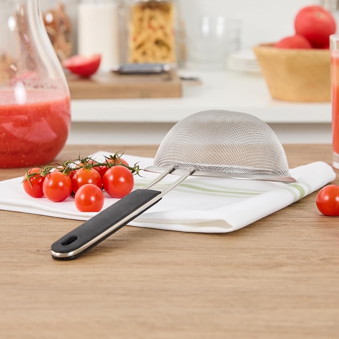 Restaurantware Fine Mesh Strainer 1 Count 12.6" x 5.5" x 2.3" with Silicone Handle Stainless Steel Extra Fine Mesh Strainer Heat-Resistant Handle Dishwasher-Safe for Rice, Quinoa, Pasta