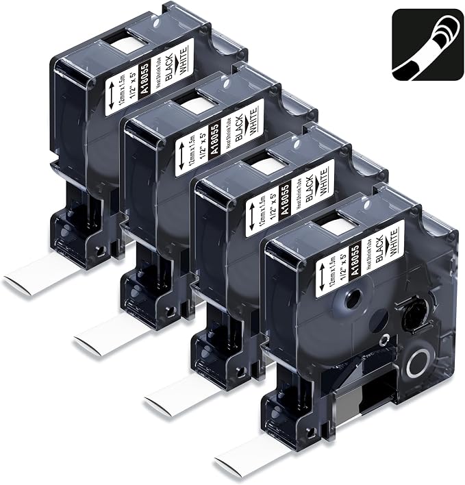 18055 Compatible Industrial Heat Shrink Labels 12mm A18055 | Replacement for DYMO 1/2" Tube for DYMO Rhino 4200 5200 5000 6000 1000 Label Maker, Black on White, 1/2" x 4.9', 4-Pack