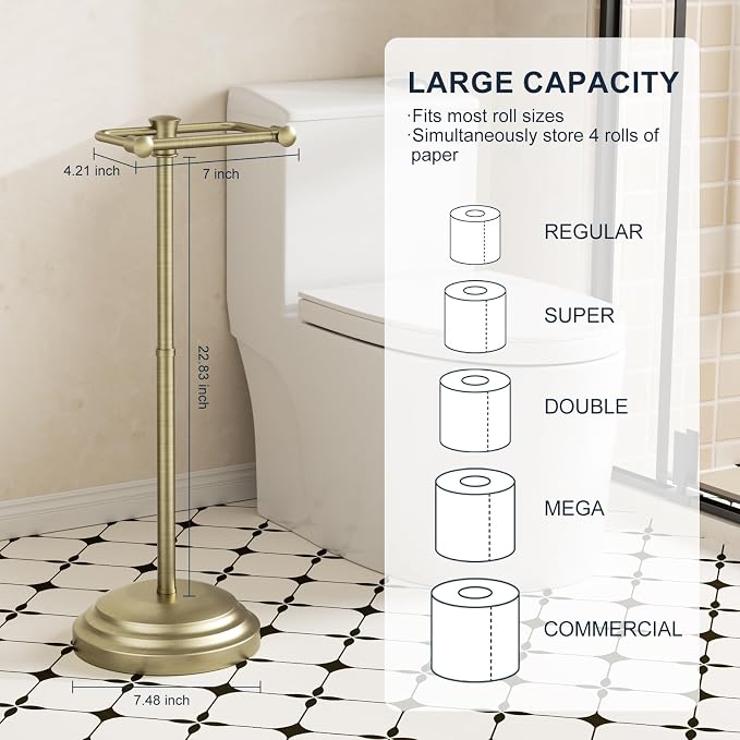 Antique Bronze Toilet Paper Holder Stand, Bathroom Toilet Paper Holder Free Standing, Stainless Steel Pivoting Toilet Tissue Roll Holder，Adjustable Height (14.76'' to 23.36'') Paper Holder