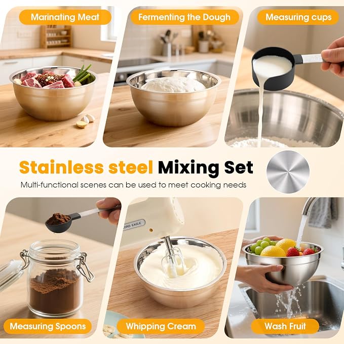 Lord Eagle 5-Speed Hand Mixer Electric With 4 Stainless Steel Mixing Bowls Set, 300W Lightweight Kitchen Handheld Mixer with Measuring Cups & Spoons, Baking Supplies for Cake, Cream