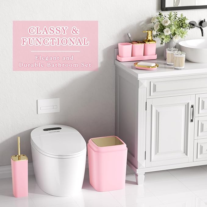 XLHOMO Bathroom Set, 9PC Bathroom Accessory Set, Pink Bathroom Accessories, Pink Bathroom Set, Trash Can, Soap Dispenser for Home Decor