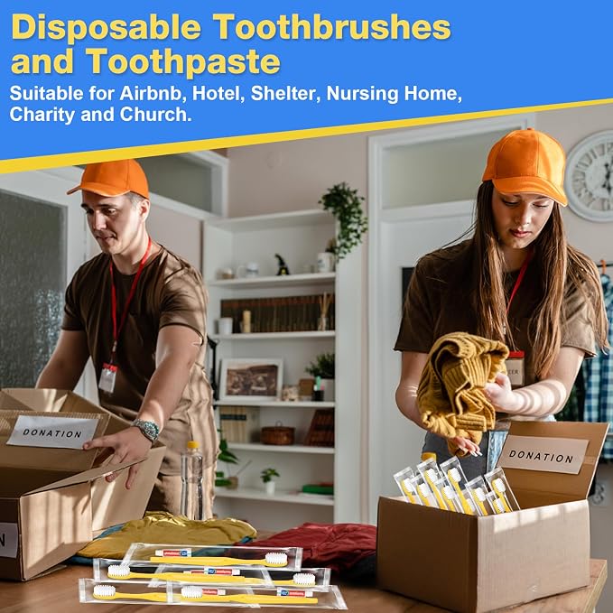 Disposable Toothbrushes with Toothpaste 200 Pack, Travel Size Toothbrush and Toothpaste Set, Bulk Tooth Brush Tooth Paste Kit, Individually Wrapped Travel Toiletries for Homeless, Hotel