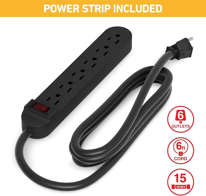 D-Line Cable Management Box with 6 AC Outlet 6ft Power Strip, Hide Extension Cords and Excess Wire Clutter, 12.75in (L) x 5in (H) x 4.5in (W) - Small, Black