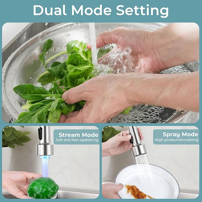 Kitchen Faucet with LED Pull Down Sprayer,Commercial Single Handle Stainless Steel Kitchen Faucets with Deck Plate (Brush Nickel)
