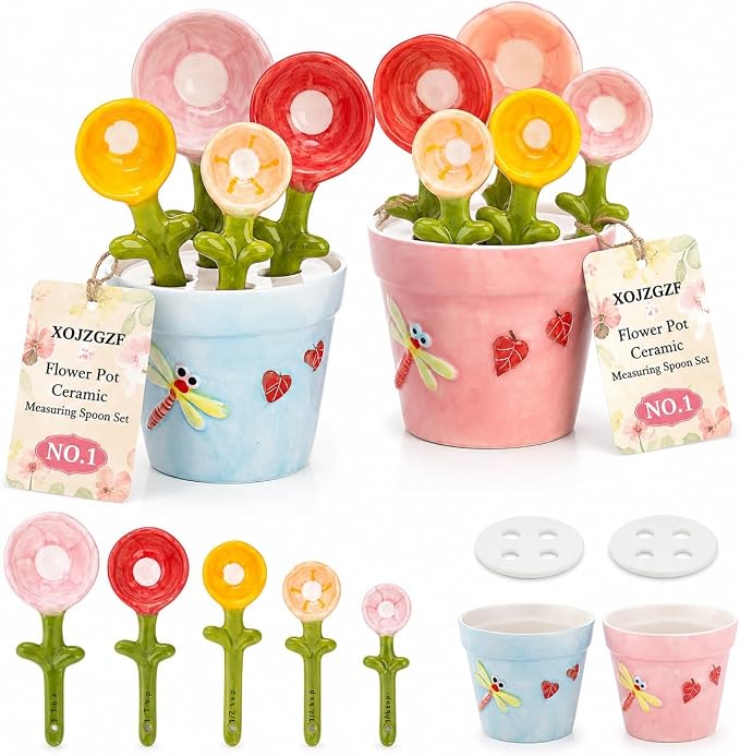 Flower Pot Ceramic Measuring Spoon Set, 5PCS Cute Spoons Cups with Base, Polygons Pink Decorative Teaspoon in Pot Holder, Unique Baking Supplies Gifts, Kitchen Cooking Stuff Gadgets Women(Blue+Pink)