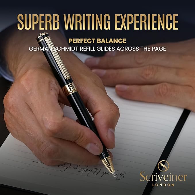Scriveiner Black Lacquer Ballpoint Pen -Stunning Luxury Pen, Real Gold Plating, Schmidt Black Refill, Best Gift Set for Men & Women, Professional Executive Office, Nice Fancy Designer Pens
