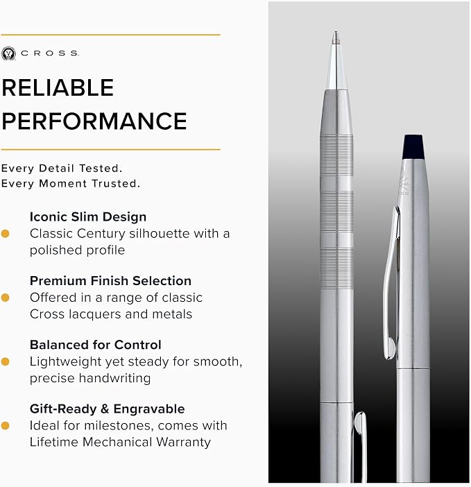 Cross Classic Century Refillable Pen & Pencil Gift Set Presented in a Luxury Gift Box - Medium Point, Black Ink, Satin Chrome