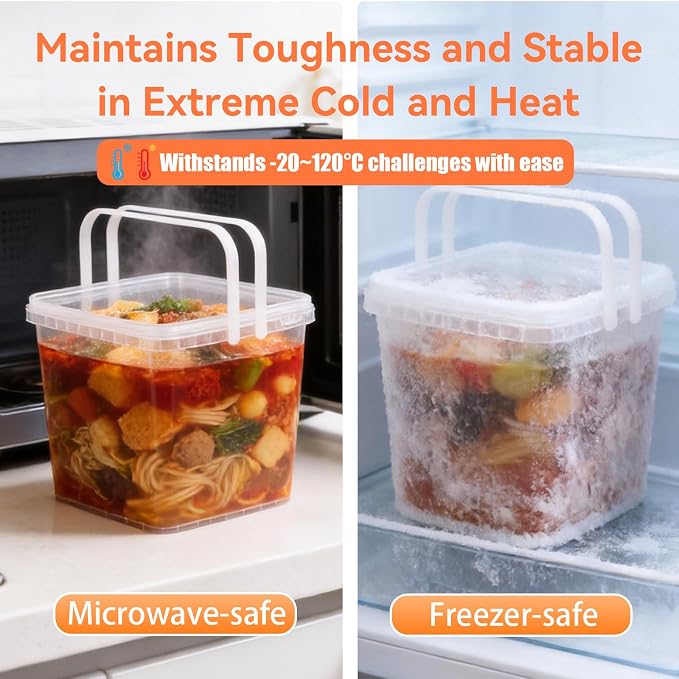 Bucket with Lid - 4 Packs Square Clear Plastic Storage Containers, Food Safe with Handle, Airtight Pressure Lids for Kitchen & Home (Mixed Colors, 1.3 gal)