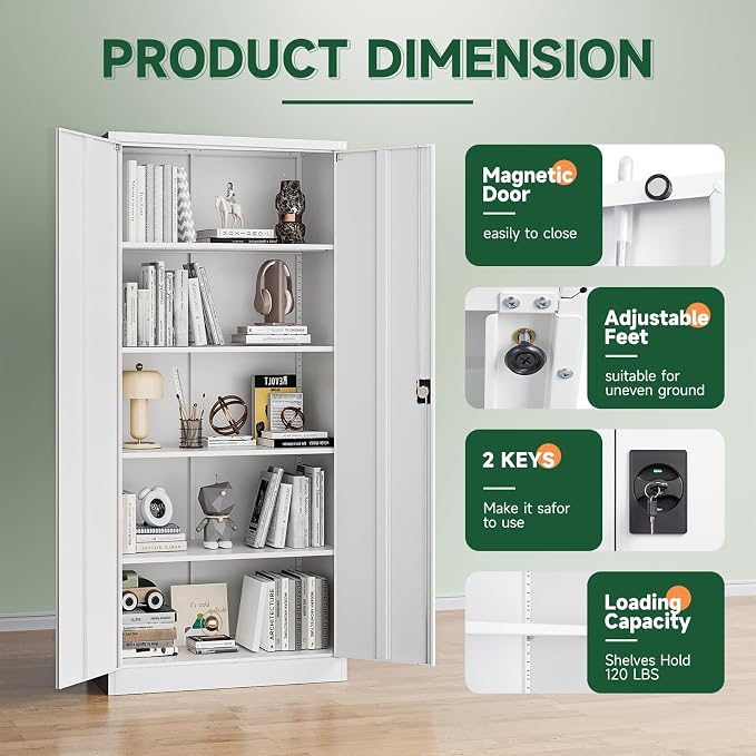 Metal Garage Storage Cabinets with Lock Door and Adjustable Shelves, Steel Tool Cabinets for Home,Office,Warehouse Organisieren (White, 71" H)