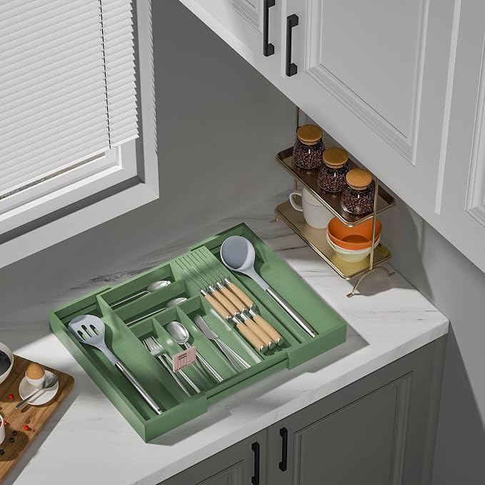 TIOPGHAD Bamboo-Silverware-Drawer-Organizer-Kitchen, Expandable Utensil Holder Cutlery Tray Flatware Organization Adjustable Wood Tableware Dividers Storage (with Removable Knife Block)(Grayish Green)