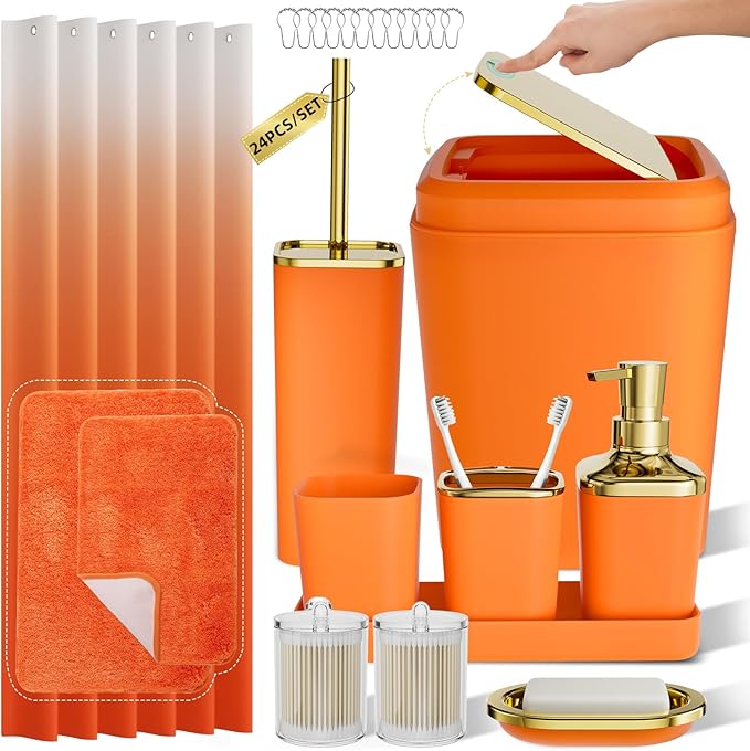 XLHOMO Bathroom Accessory Set - 24PCS Luxury Bathroom Accessories Set, Bathroom Sets with Shower Curtain and Rugs, Orange Bathroom Set with Trash Can, Toothbrush Holder & Soap Dispenser for Home Decor