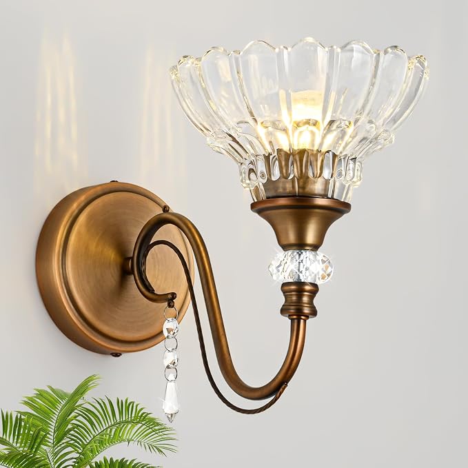 1 Piece Vintage Wall Sconce, 1-Light Matte Antique Brass Finish Wall Sconce with Hanging Crystal Accents and Flower-Shaped Clear Shades for Bathroom Bedroom Living Room,Vintage Vanity Light