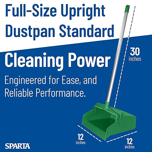 SPARTA Color Coded Upright Dustpan with 30 Inch Aluminum Handle, Serrated Edge and Locking Yoke, Standing Commercial Floor Dust Pan, Green
