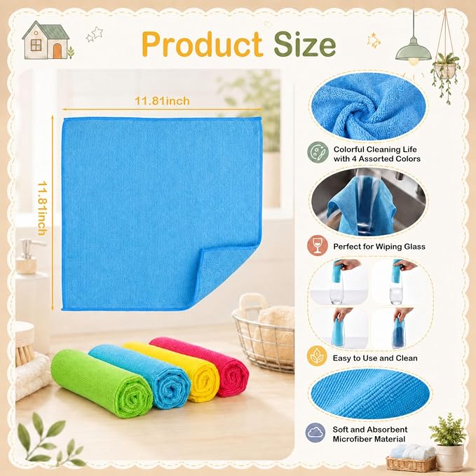 Fanfanwin 48 Pcs Colorful Household Cleaning Set Including 24 Pairs Rubber Cleaning Gloves and 24 Microfiber Cloth Non Slip Reusable Gloves for Household Kitchen Bathroom Supplies