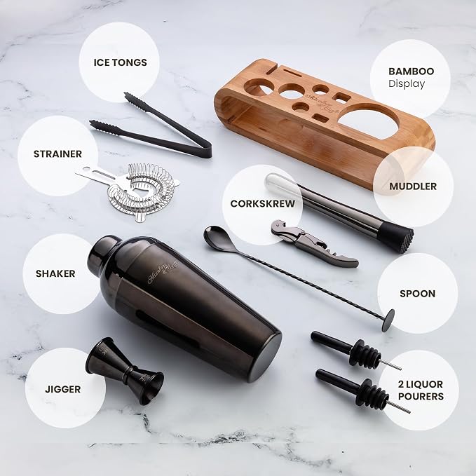 Mixology & Craft Cocktail Shaker Set with Bamboo Stand - Professional 10-Piece Bartender Kit - Complete Bar Set & Cocktail Mixer Kit for Home (Gun-Metal)