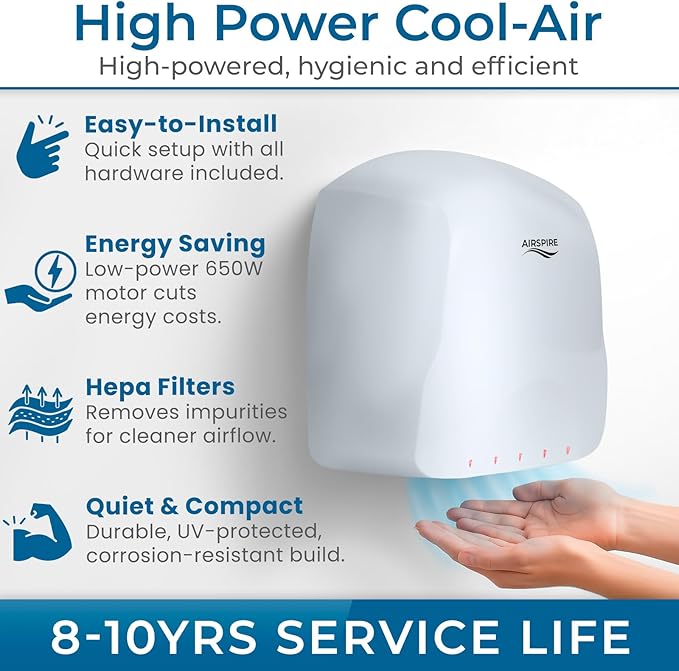 Electric Hand Dryer for Commercial Bathrooms & Home Use (110-120V) - Energy Efficient 650W Automatic Hand Dryer - HEPA Air Filtration & UV Protection - Wall Mounted, 78 dB - Cool Air (Silver)