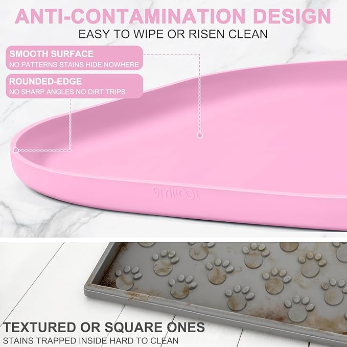 SMILOOL Waterproof Silicone Pet Food Mat with Raised Edge for Dog & Cat | 22" x 14" Non-Slip Pet Feeding Mats with Lip for Food & Water Bowl, Food Grade, Easy Cleaning, Pink