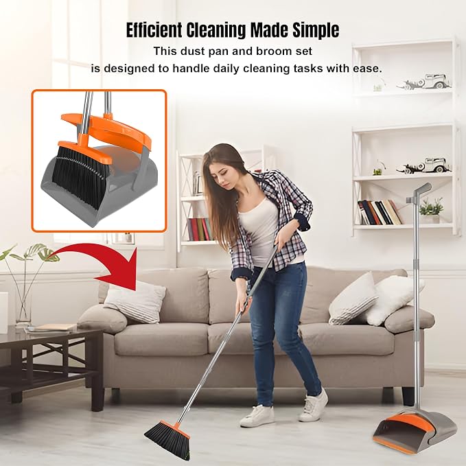 DUST PAN Adjustable Handle Length 90–125cm Broom and 80–110cm Dustpan – Durable PP+PET+Stainless Steel Build – Black & Green Color – Home, Office, Kitchen & Easy Floor Cleaning