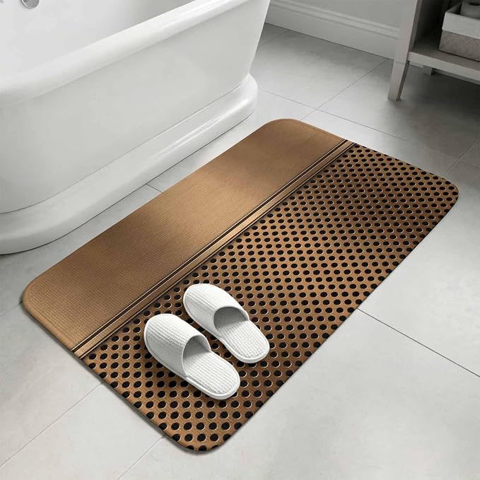 Brown Metal Hole Bathroom Rugs Non Slip Washable Bath Mat Absorbent Low Pile Front Door Mat Modern Copper Net Eye Hole Pattern Indoor Doormat for Kitchen Entryway Shower Decor Accessories 19.7"x31.5"