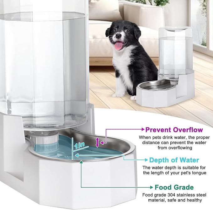 Sfozstra Dog Water Bowl Dispenser: 7L White Gravity Stainless Steel Bowl | Stable Non-Slip Base/Easy Refill/Indoor & Outdoor Use/Food-Grade Materials/Indoor & Outdoor Use