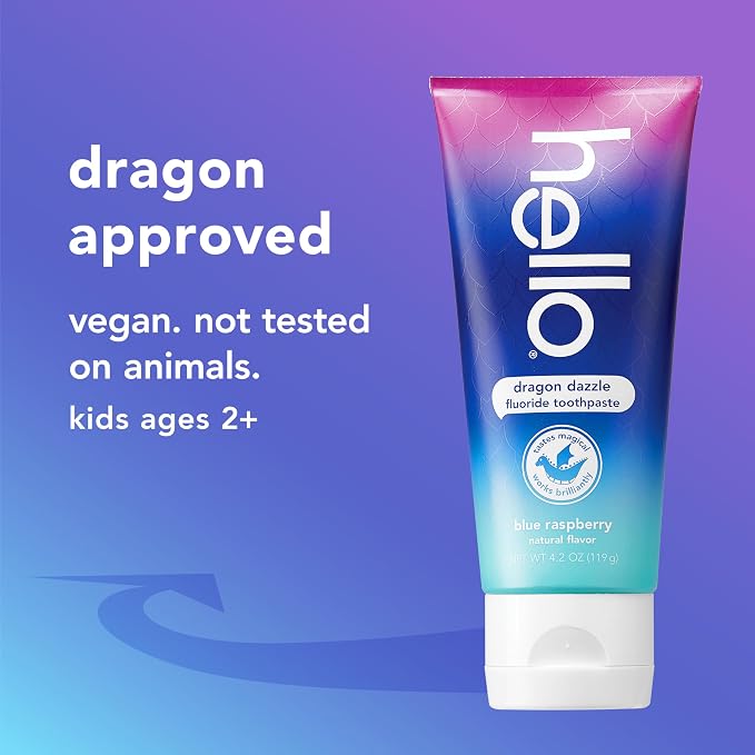 Hello Dragon Dazzle Blue Raspberry Kids Toothpaste, Fluoride Toothpaste, Ages 2+, No Artificial Sweeteners, No SLS, Gluten Free, Vegan, Pack of 12, 4.2 OZ Tubes
