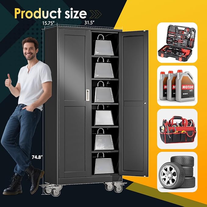 PAOFIN 75''H Metal Garage Storage Cabinet with Wheels,Steel File Cabinets with 2 Doors and 5 Adjustable Shelves for Home Office, Warehouse, Required Assembly,Black