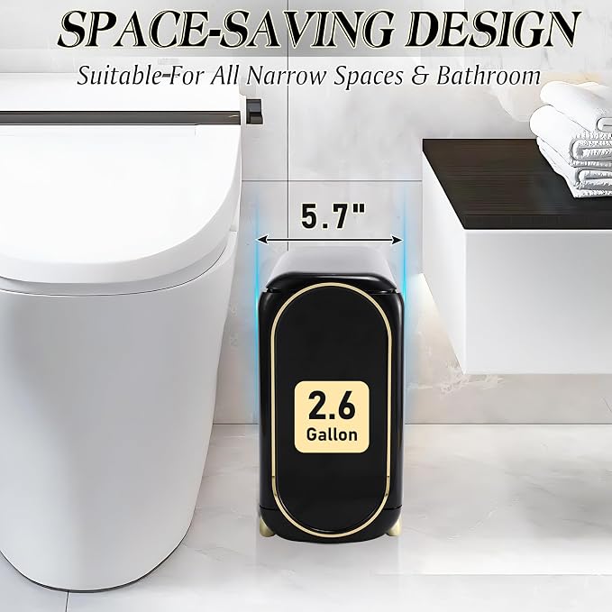 XLHOMO Bathroom Accessories Set, 10 Pieces Black and Gold Bathroom Set, Bathroom Accessory Set with Slim Trash Can,Soap Dispenser,Toilet Brush,Toothbrush Set, Qtip Holders for Housewarming