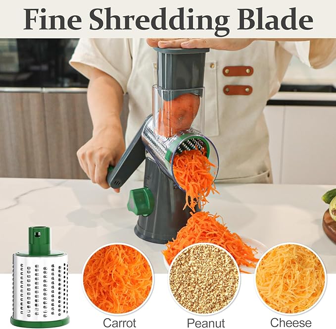 Cambom Rotary Cheese Grater Hand Crank Cheese Shredder for Fresh Cheese, Vegetable, Nuts,Non-slip Suction Base, Three Blades, Gray Green