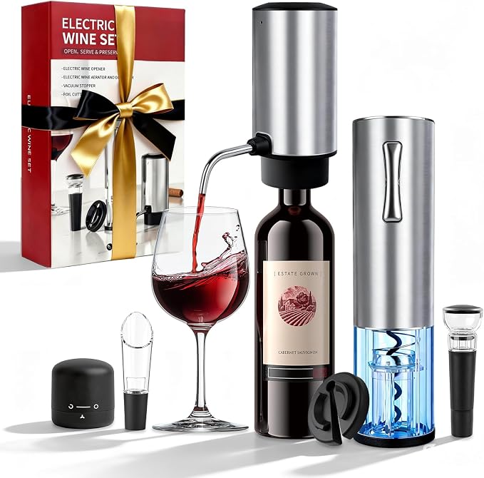 7-in-1 Electric Wine Opener & Aerator Set, Rechargeable Automatic Corkscrew, Wine Aerator, Vacuum Stoppers, Dispenser, Foil Cutter, Gift for Wine Lovers, Housewarming, Birthday, Wedding or Anniversary
