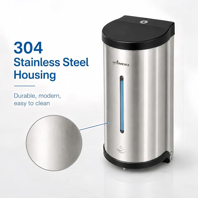 Automatic Wall-Mount Soap Dispenser, 800 mL Stainless Steel | Touchless 800 mL wall dispenser with viewing window, keyed lock and low-liquid indicator; requires 6 AA batteries.