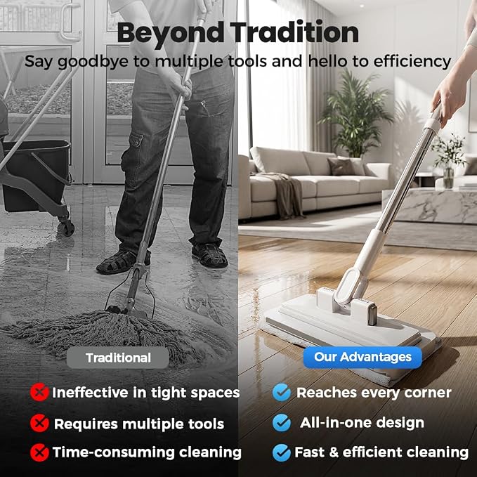 Hands-Free Multi-Purpose Flat Mop, 2026 Convenient Cloth Changing Mini Mop Long Handle Wet and Dry Flat Mopping, Sweeper Stick Lightweight Snap for Corners Multi Surface (53’‘)