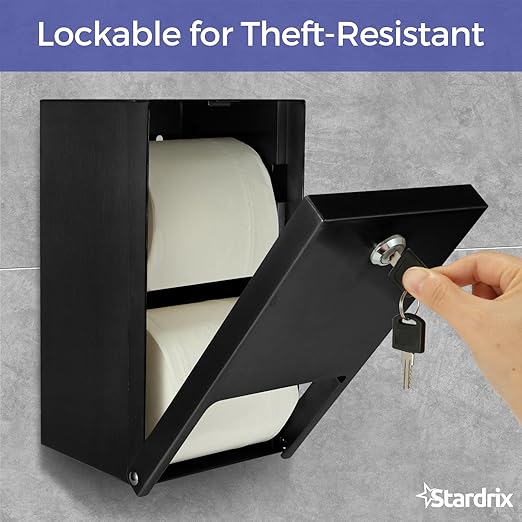 Stardrix Matte Black 2 Roll Stainless Steel Commercial Toilet Paper Dispenser, Heavy Duty Wall Mount Tissue Holder with Lock for Restroom/Bathroom