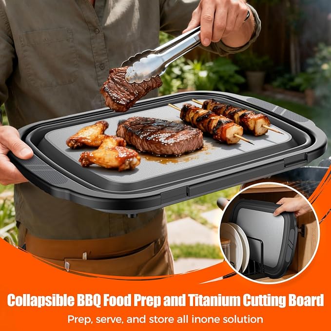 Collapsible BBQ Prep Tub with Titanium Cutting Board, 22L/5.5Gal Food Storage with Locking Lid, Outdoor Seasoning Storage Bin for Camping, Kitchen and BBQ