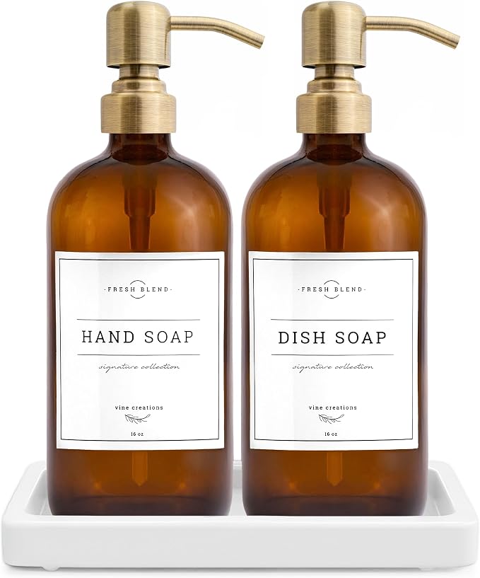 Vine Creations Amber Glass Soap Dispenser, 2 Pack Kitchen Soap Dispenser Set with Ceramic Tray, Stainless Steel Pump, Dish Soap and Hand Soap Dispensers for Bathroom Decor with Waterproof Labels