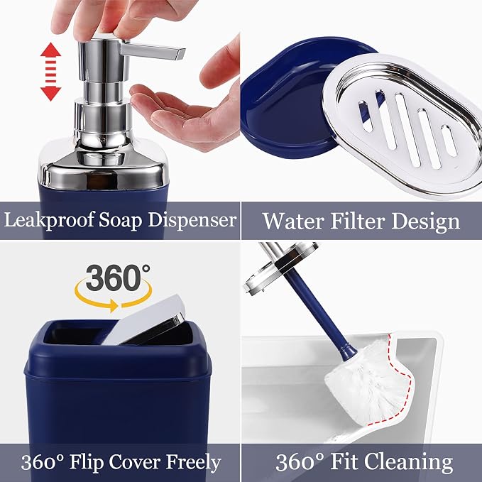 XLHOMO Bathroom Set, 9PC Bathroom Accessory Set, Blue Bathroom Accessories, Blue Bathroom Set, Trash Can, Soap Dispenser for Home Decor