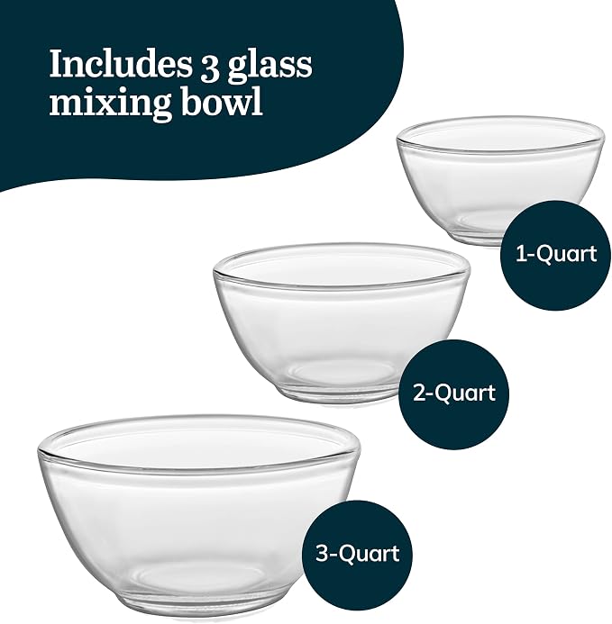 Libbey Baker's Basics 3-Piece Glass Mixing Bowls Set - Clear Bowls for Baking, Prep, Serving & Storage - Microwave, Oven, Freezer and Dishwasher Safe
