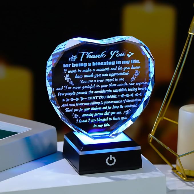 Arikyrist Thank You Gifts for Women Men Heart Shaped Crystal Plaque with LED Light Base Appreciation Gifts for Teacher Nurse Doctor Coworker Boss Inspirational Home Desk Decor