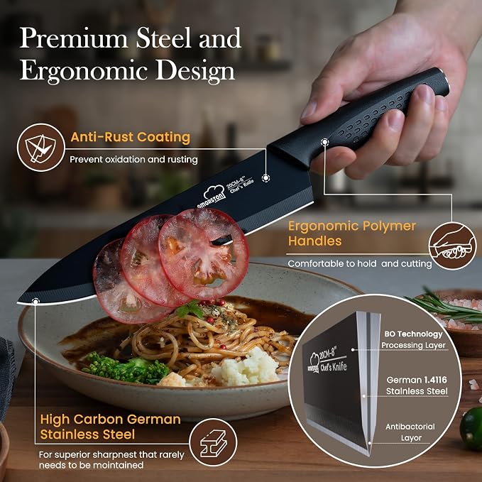 Knife Set, 15 Pieces Kitchen Knife Set with Block Built in Sharpener, Dishwasher Safe, German Stainless Steel Knife Block Set, Elegant Black
