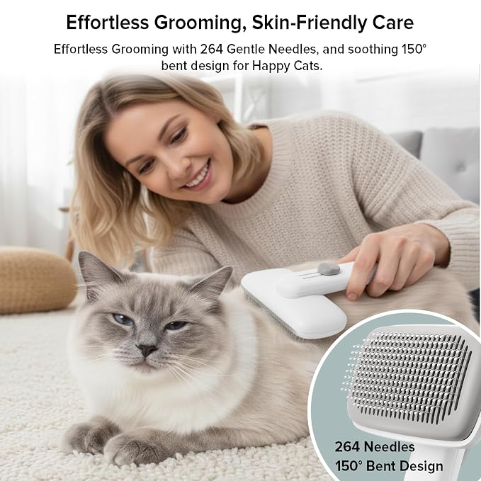Cat Brush for Shedding, Industry-First Adjustable Cat Brushes for Indoor Cats, Self-Cleaning Slicker brush, 264 Skin-Friendly Needles for Long or Short Haired Dogs, Perfect for Deshedding & Massaging