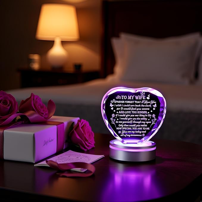 Gifts for Wife - Crystal Keepsakes Wife Gifts from Husband with Colorful LED Base Best Christmas Birthday Gifts for Wife Romantic Anniversary Wedding Gifts to My Wife Valentine Mother's Day Gift Ideas