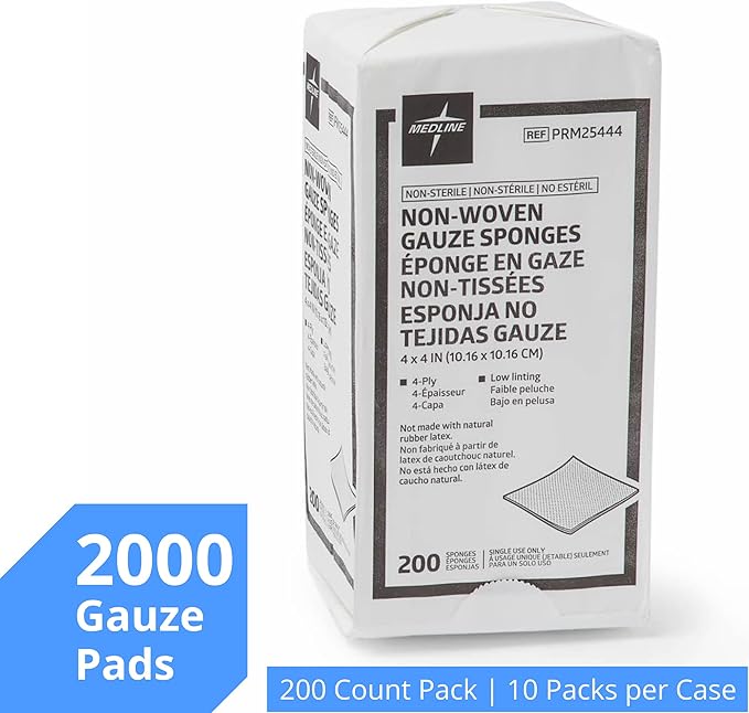 Medline Non-Woven Non-Sterile Gauze Sponge, 4 x 4 Inch, 4-Ply | Rayon/Polyester Blend, Virtually Non-Adherent, Less Linting, Balance of Strength and Absorbency, 10 Packs of 200