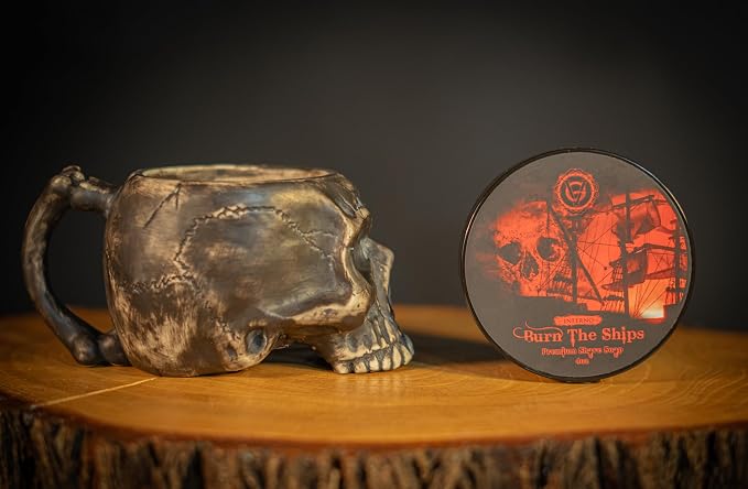 Burn The Ships Shaving Kit | Ceramic Skull Shave Bowl & Cream | Wet Razor Lather Mug | Hot Scuttle for Traditional Grooming | Shaving Soap Gift Set | Barber Accessories for Men