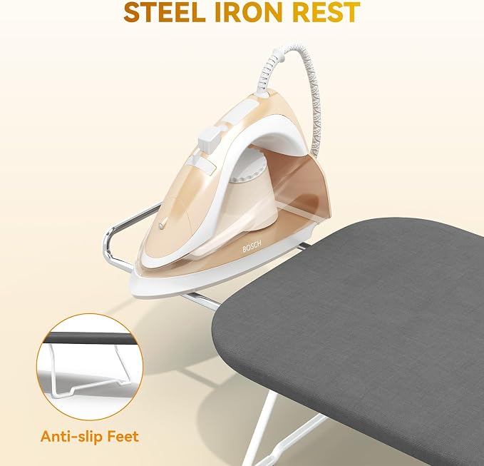 Small Ironing Board Tabletop with Heat Resistant Cover, Compact Mini Ironing Board (with Iron Rest) & Metal Frame, for Dorm, Apartment, Hook for Hanging, Iron Board 12x30, Iron Table Stand Pure Gray