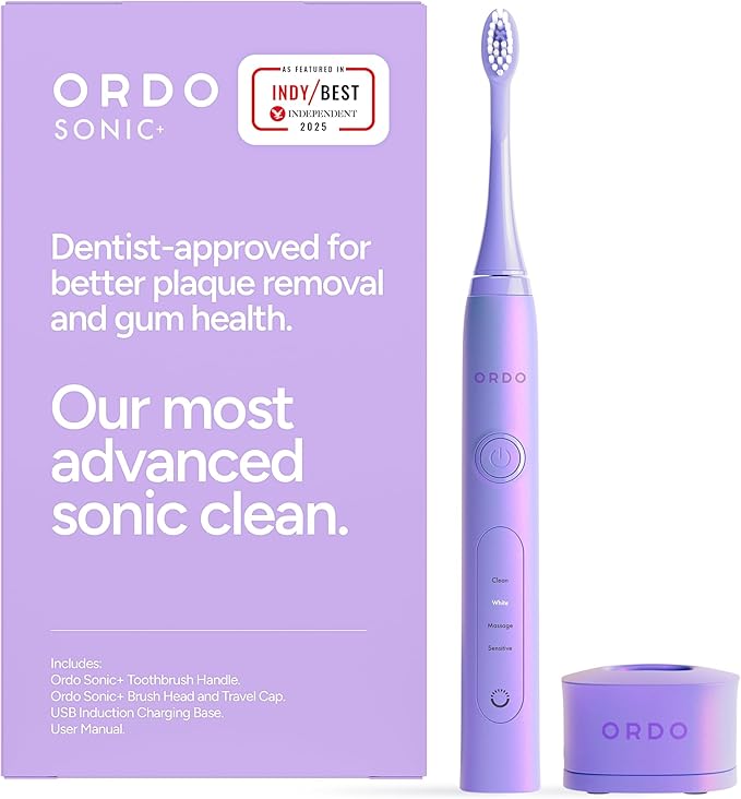 ORDO Sonic+ Electric Toothbrush for Adults, Advanced Tech, 4 Brushing Modes, Fast Rechargeable, Sonic Toothbrushes Over 4 Weeks Battery Life, Silicone Polishing Element, USB Charger, Pearl Violet