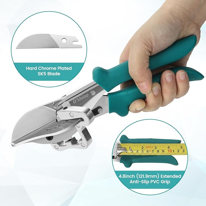 O'Shine Professional Long Handle Miter Shears, Multi Angle Base Shoe Cutter with 30% Effort Saving, 45 to 135 Degree Hand Trim Cutter for Shoe Molding & Quarter Round, 1 Extra Replacement Blade