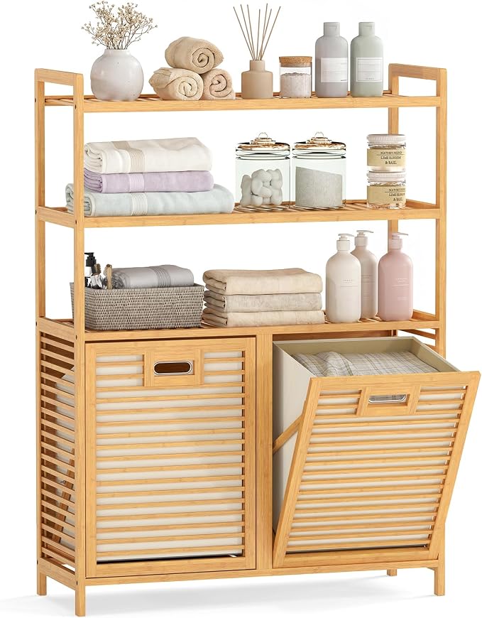 Giantex Double Tilt Out Laundry Hamper with 3-Tier Storage Shelf | 14 Gal Bamboo Laundry Storage Cabinet w/Removable Laundry Baskets, Laundry Sorter Organizer for Bathroom Living Room Bedroom