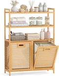 Giantex Double Tilt Out Laundry Hamper with 3-Tier Storage Shelf | 14 Gal Bamboo Laundry Storage Cabinet w/Removable Laundry Baskets, Laundry Sorter Organizer for Bathroom Living Room Bedroom