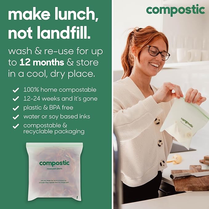 Compostic Compostable Snack Bags, Snack Size (60 Count) Starter Pack — Resealable Zip-Seal, Plant-Based, Home Compostable, Freezer Safe, BPA-Free, Non-Toxic, GMO-Free Food Storage Bags